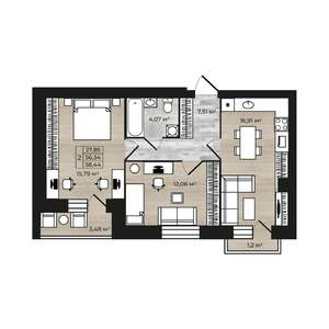 2-к квартира, строящийся дом, 61м2, 8/9 этаж