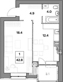 1-к квартира, строящийся дом, 43м2, 4/4 этаж