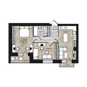 2-к квартира, строящийся дом, 61м2, 4/9 этаж