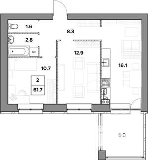 2-к квартира, строящийся дом, 62м2, 4/4 этаж