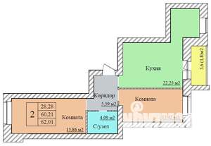 2-к квартира, вторичка, 62м2, 6/8 этаж