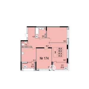 3-к квартира, строящийся дом, 88м2, 2/18 этаж