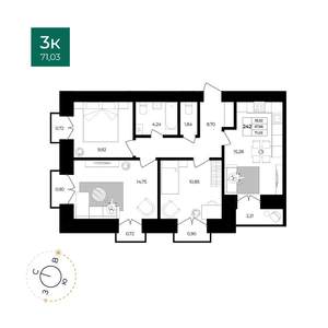 3-к квартира, вторичка, 71м2, 10/12 этаж