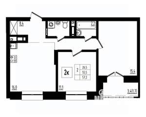 2-к квартира, вторичка, 57м2, 3/12 этаж