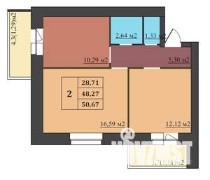 2-к квартира, строящийся дом, 51м2, 9/9 этаж