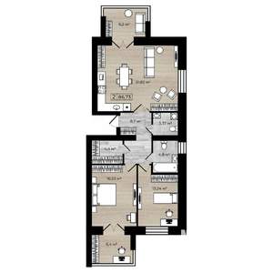 2-к квартира, вторичка, 87м2, 4/4 этаж