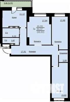 3-к квартира, вторичка, 89м2, 4/14 этаж