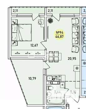 1-к квартира, вторичка, 47м2, 7/9 этаж