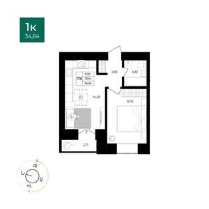 1-к квартира, вторичка, 35м2, 4/12 этаж