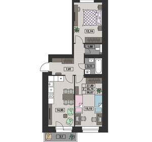 2-к квартира, вторичка, 57м2, 5/8 этаж