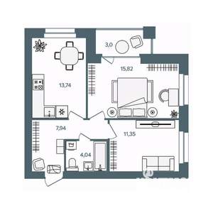 2-к квартира, строящийся дом, 54м2, 2/16 этаж