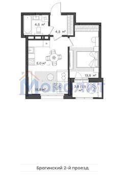 1-к квартира, сданный дом, 44м2, 14/18 этаж