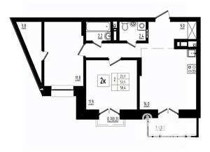2-к квартира, вторичка, 58м2, 3/12 этаж