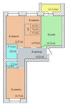 3-к квартира, вторичка, 76м2, 7/8 этаж