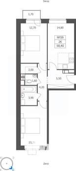 2-к квартира, вторичка, 58м2, 6/11 этаж