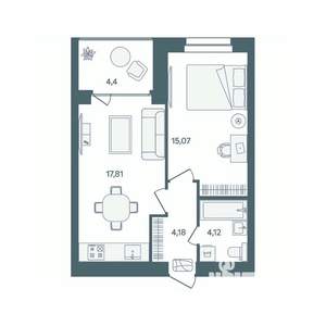 1-к квартира, строящийся дом, 43м2, 6/16 этаж