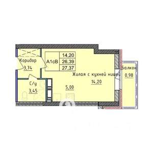 1-к квартира, строящийся дом, 27м2, 4/18 этаж