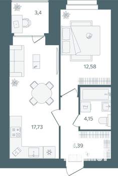 1-к квартира, строящийся дом, 43м2, 3/16 этаж