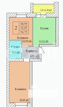 2-к квартира, вторичка, 56м2, 3/9 этаж