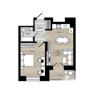1-к квартира, вторичка, 43м2, 11/12 этаж