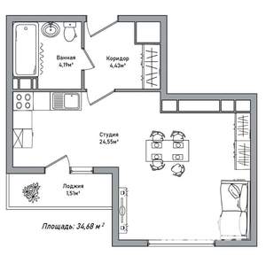 1-к квартира, вторичка, 34м2, 12/14 этаж