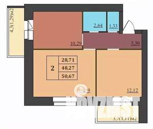 2-к квартира, строящийся дом, 51м2, 8/9 этаж
