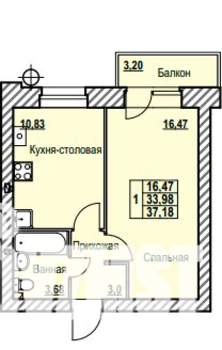 1-к квартира, строящийся дом, 37м2, 2/9 этаж