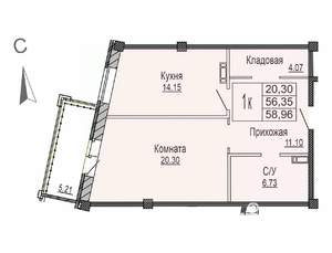 1-к квартира, строящийся дом, 59м2, 4/8 этаж