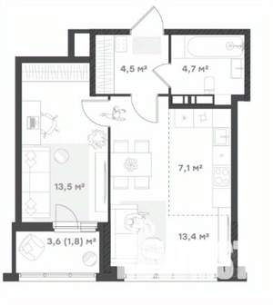 1-к квартира, вторичка, 45м2, 3/18 этаж