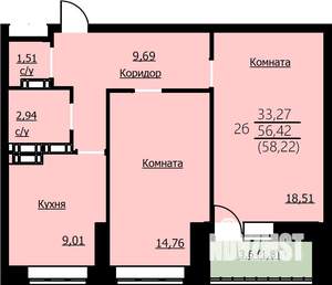 2-к квартира, строящийся дом, 58м2, 9/14 этаж