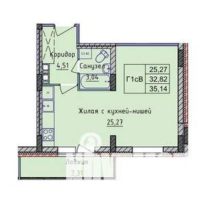 1-к квартира, строящийся дом, 35м2, 8/8 этаж