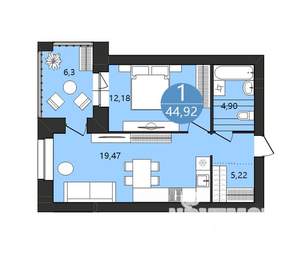 1-к квартира, вторичка, 45м2, 8/12 этаж