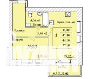 1-к квартира, вторичка, 44м2, 1/8 этаж