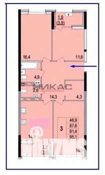 3-к квартира, вторичка, 91м2, 4/10 этаж