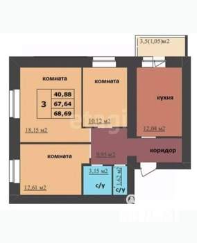 3-к квартира, вторичка, 69м2, 2/9 этаж