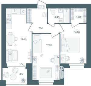 2-к квартира, строящийся дом, 67м2, 5/16 этаж