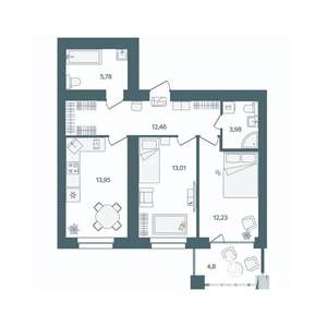 2-к квартира, строящийся дом, 64м2, 3/16 этаж