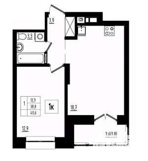 1-к квартира, строящийся дом, 41м2, 2/12 этаж