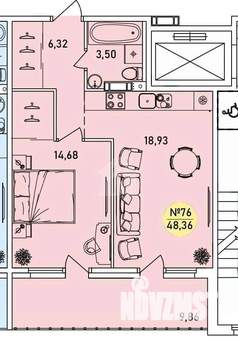 1-к квартира, вторичка, 48м2, 6/9 этаж
