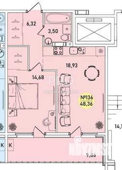 1-к квартира, вторичка, 48м2, 1/9 этаж