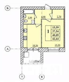 1-к квартира, строящийся дом, 43м2, 1/3 этаж