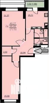 2-к квартира, сданный дом, 71м2, 14/24 этаж