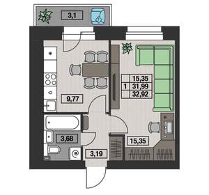1-к квартира, вторичка, 33м2, 1/8 этаж