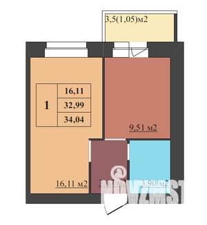 1-к квартира, строящийся дом, 34м2, 8/9 этаж