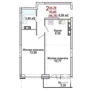 2-к квартира, строящийся дом, 47м2, 1/17 этаж