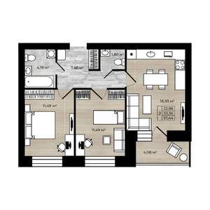 2-к квартира, вторичка, 57м2, 7/9 этаж