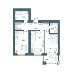 2-к квартира, строящийся дом, 64м2, 5/16 этаж