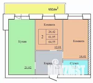 2-к квартира, строящийся дом, 65м2, 2/12 этаж