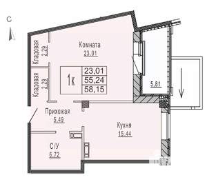 1-к квартира, строящийся дом, 58м2, 2/8 этаж