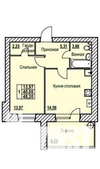 1-к квартира, строящийся дом, 48м2, 1/9 этаж